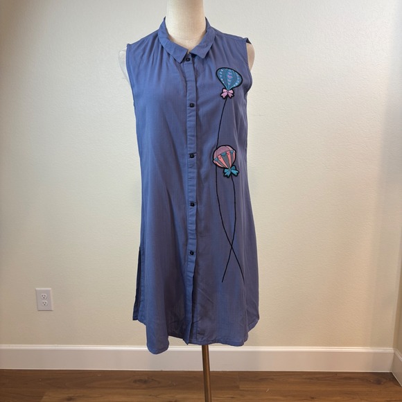 Neeru Kumar Dresses & Skirts - Neeru Kumar Tunic Shirt Dress Womens M Blue Hot Air Balloon Embroidered